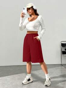 SHEIN EZwear Women Solid Color Elastic Waist Pocket Casual Shorts