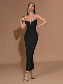 Modphy 黑色性感露肩奢华钻石装饰超长绷带连衣裙，优雅适合节日派对、婚礼、生日、晚礼服婚礼宾客礼服舞会礼服 - 黑色 - 查看 6