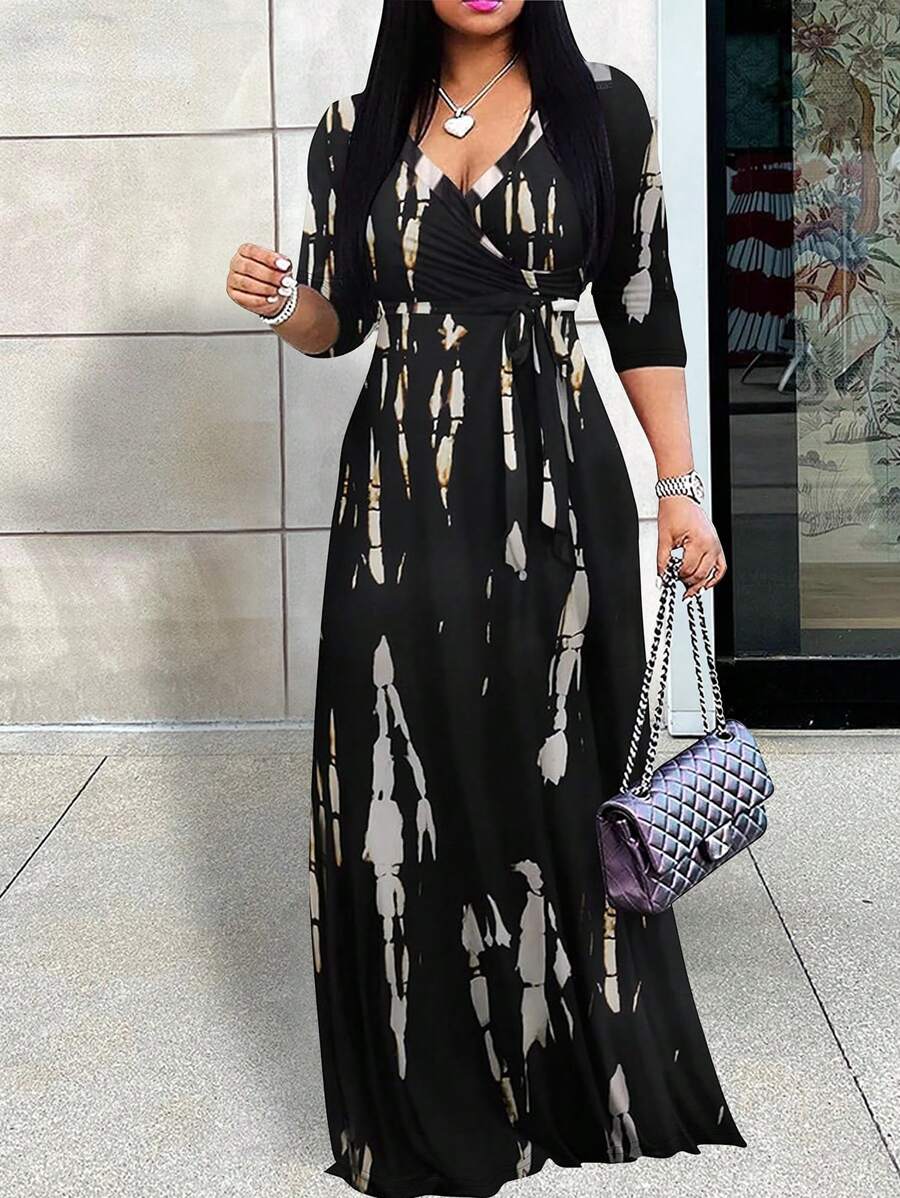 深V领优雅短袖连衣裙，女士夏季服装，黑色 - 黑色 - 查看 1