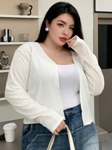 Dazy Plus Plus Size Short Fitted V-Neck Long Sleeve Cardigan Top, White, Spring/Summer, Back To School Clothes,Fall Women Clothes - White - View 5
