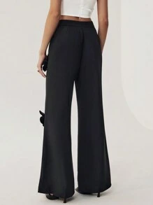 Firerie 女士纯色 3D 花朵和水钻装饰简约长裤，日常休闲 - 黑色 - 查看 2