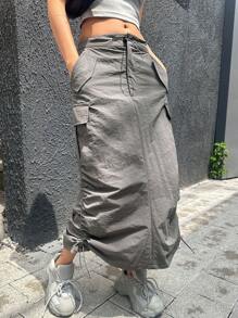 DAZY Chân váy xếp ly chữ A màu trơn dành cho nữ, có túi tiện dụng. - Màu xám đen - Xem 1