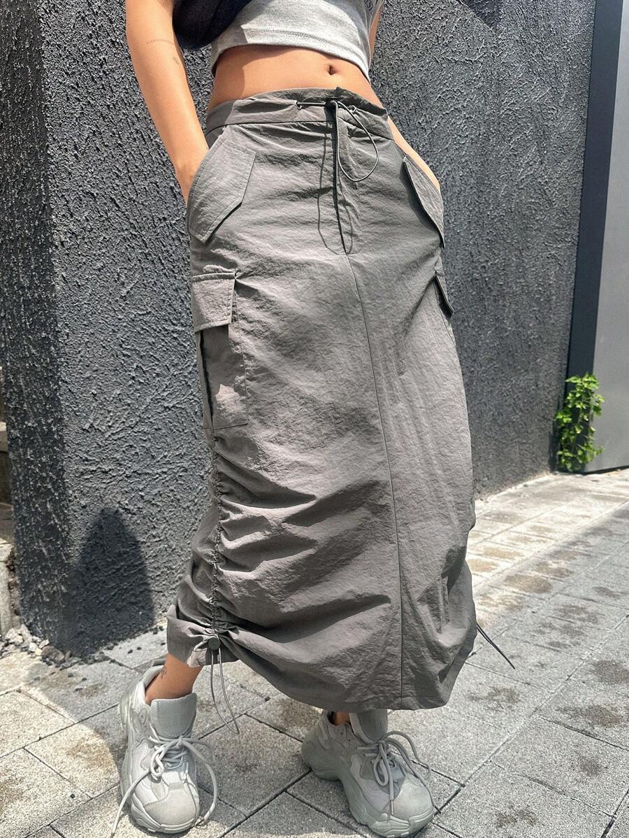 DAZY Chân váy xếp ly chữ A màu trơn dành cho nữ, có túi tiện dụng. - Màu xám đen - Xem 1