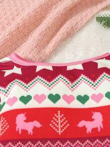 年轻女孩圣诞树和驯鹿印花紧身长袖睡衣套装 - 紅色 - 查看 6