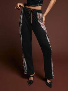 SHEINNeu Women's Solid Color Printed Patchwork Drawstring Waist Casual Trousers Fall Women's Clothing Fall Women's Clothing Fall Clothing Fall Clothing Tween Girls Pants Girls Pants