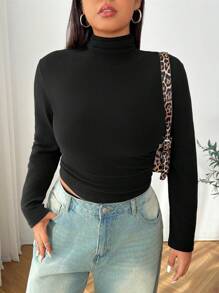 SHEIN EZwear Áo cổ lọ lót nhiệt cơ bản tay dài màu đen cạp chun cỡ lớn cho nữ, mùa đông - màu đen - Xem 3