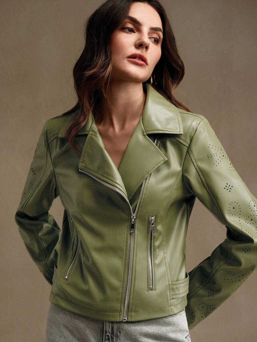 Anewsta 时尚合身休闲激光切割刺绣短夹克 - 軍綠色 - 查看 1