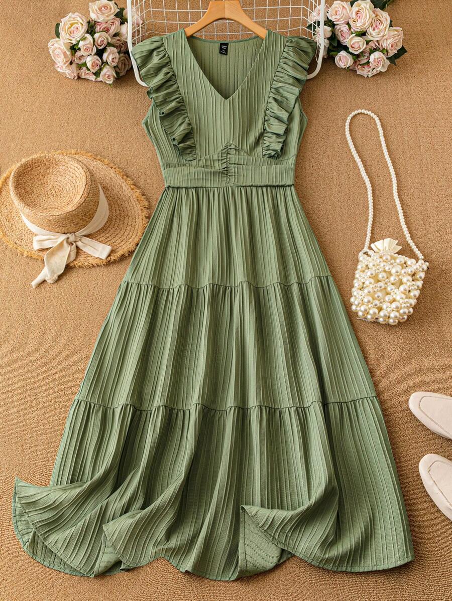 SHEIN LUNE Plus Size Women Solid V-Neck Ruffle Trim Casual Everyday Dress - Army Green - View 1