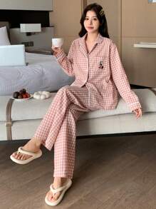 DAZY 2pcs Plaid Embroidery Pattern Long Sleeve & Long Pants Pajama Set - Baby Pink - View 3