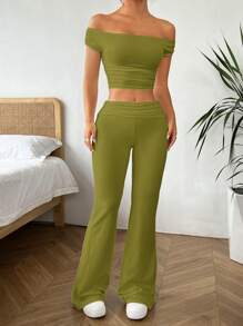 SHEIN EZwear 2 件套女士纯色简约日常露肩上衣和裤子套装 - 橄欖綠 - 查看 4