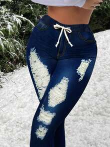 Women's Drawstring Ripped Skinny Stylish Denim Jeggings - Dark Wash - View 5