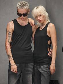 Manfinity VCAY Maglietta casual da uomo aderente, senza maniche, con scollo a girocollo e design traforato, adatta per l'estate - nero - Visualizzare 3