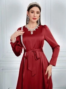 Modelyn 女士纯色拼布 V 领长袖褶皱长袍连衣裙长款晚礼服 - 紅色 - 查看 5