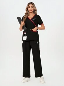 TaskEZ 短袖上衣和長褲對比邊緣制服套裝