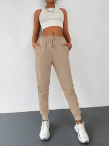RueChic Solid Drawstring Waist Sweatpants - Beige - View 4