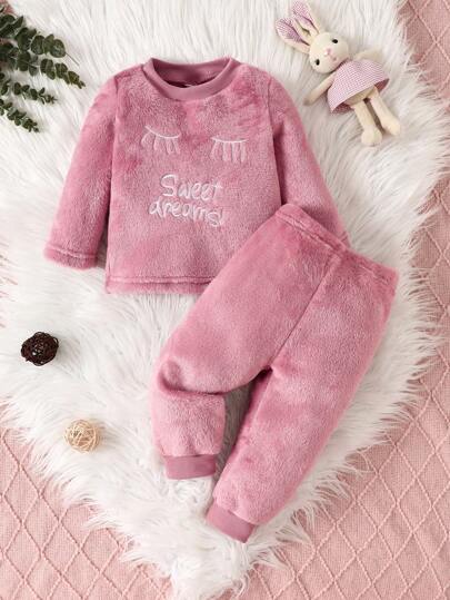 SHEIN 2 件装女宝宝珊瑚绒休闲长袖上衣和裤子睡衣套装