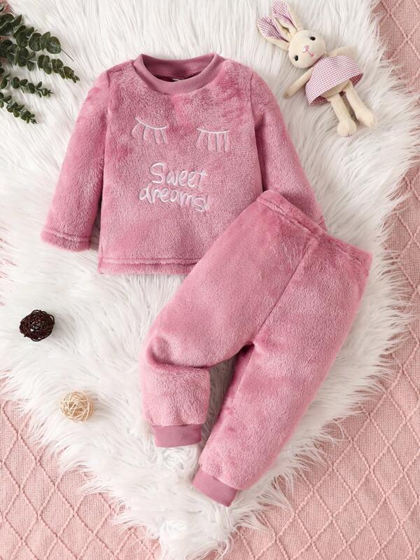 SHEIN 2pcs Baby Girls' Coral Fleece Casual Long Sleeve Top And Pants Pajama Set