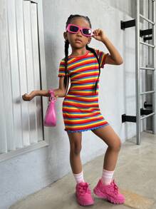 SHEIN Young Girl Knitted Crew Neck Rainbow Striped Casual Dress, Mommy & Me Clothes, Mom And Daughter Matching - Multicolor - View 3