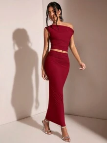 SHEIN BAE 女士不对称领口不对称领口上衣和褶皱优雅裙子套装