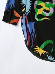 Calvaya Plus Graphic Print Button Front Shirt - Black - View 4