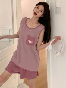 DAZY Màu sắc tương phản đơn giản Trang trí hình trái tim & chữ in Bộ đồ ngủ không tay và quần short - Hồng - Xem 5