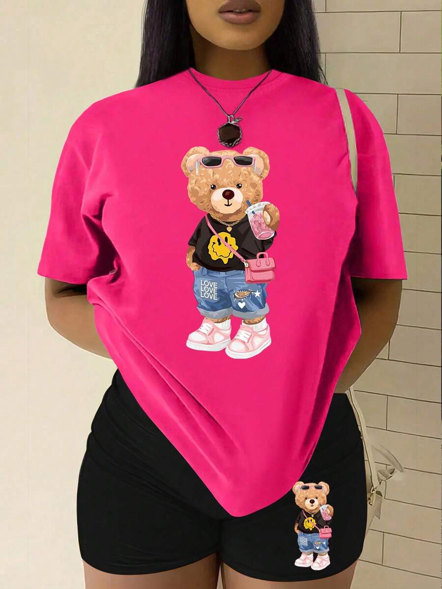 SHEIN LUNE Plus Size Women's Teddy Bear Print Top And Shorts Set - Hot Pink - View 1