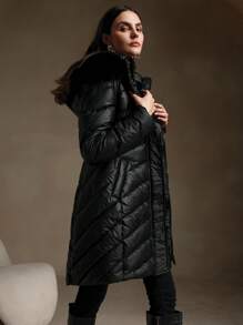 Anewsta Women's Mid-Length Detachable Hood And Fur Collar Slim Fit Padded Coat