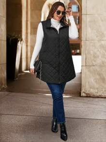 SHEIN Clasi 大码女式菱形图案无袖简约棉服外套 - 黑色 - 查看 4