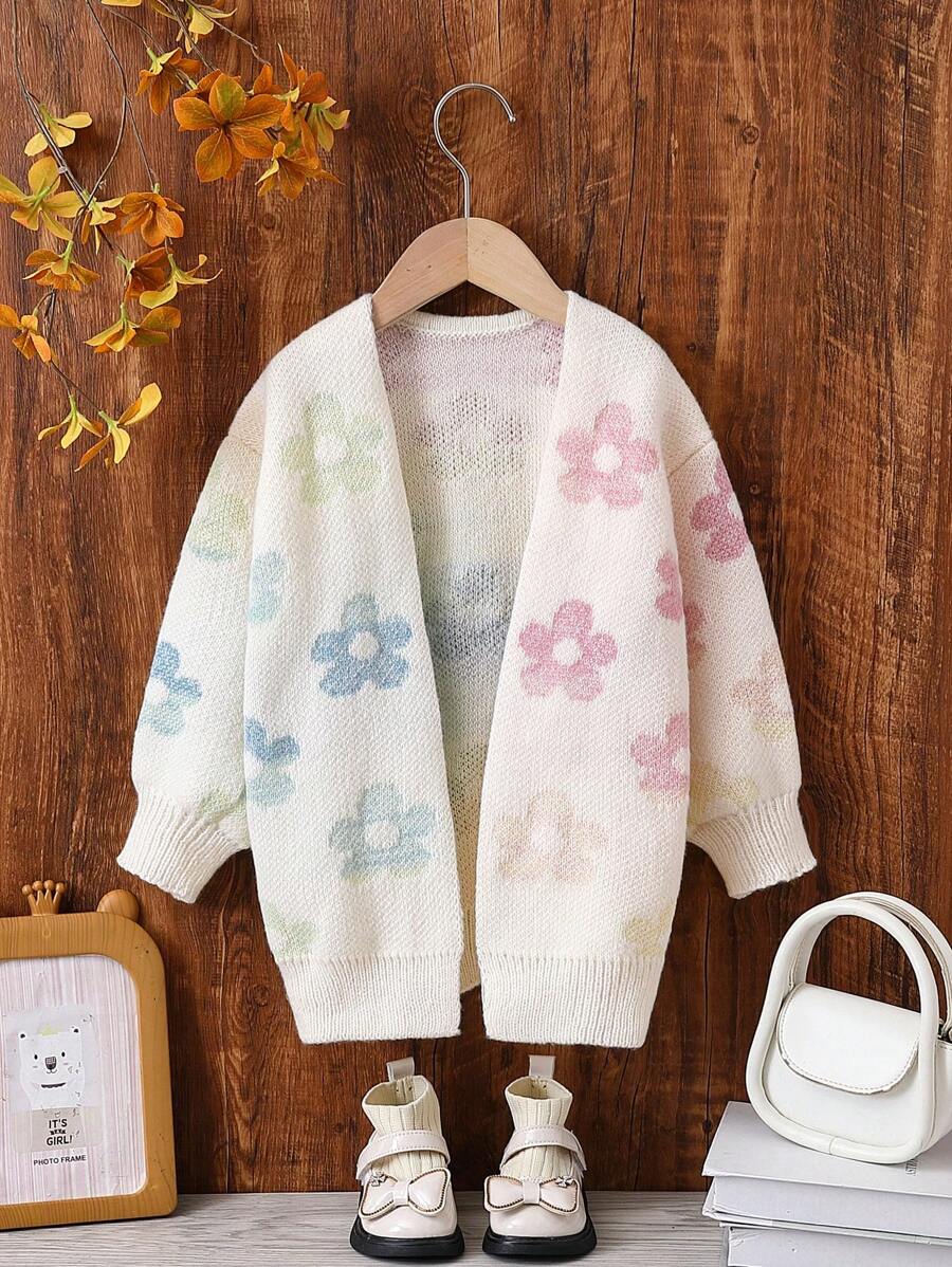 Genkimix Kids Young Girl Stylish Casual Floral Printed Long Knitted Cardigan, Comfy, Versatile, Suitable For Daily Wear, Party, Autumn Winter - Multicolor - View 1