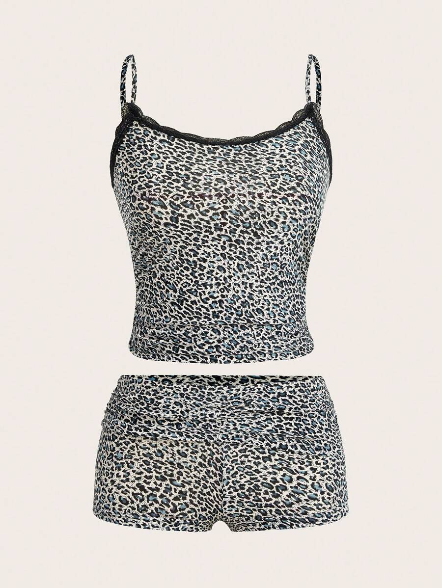 SHEIN EZwear 女士撞色蕾丝豹纹吊带背心和短裤套装 - 灰色 - 查看 1