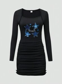 SHEIN Teen Girls' Casual Street Fashion Star Print Pleated Denim Effect Dress - Black - View 1