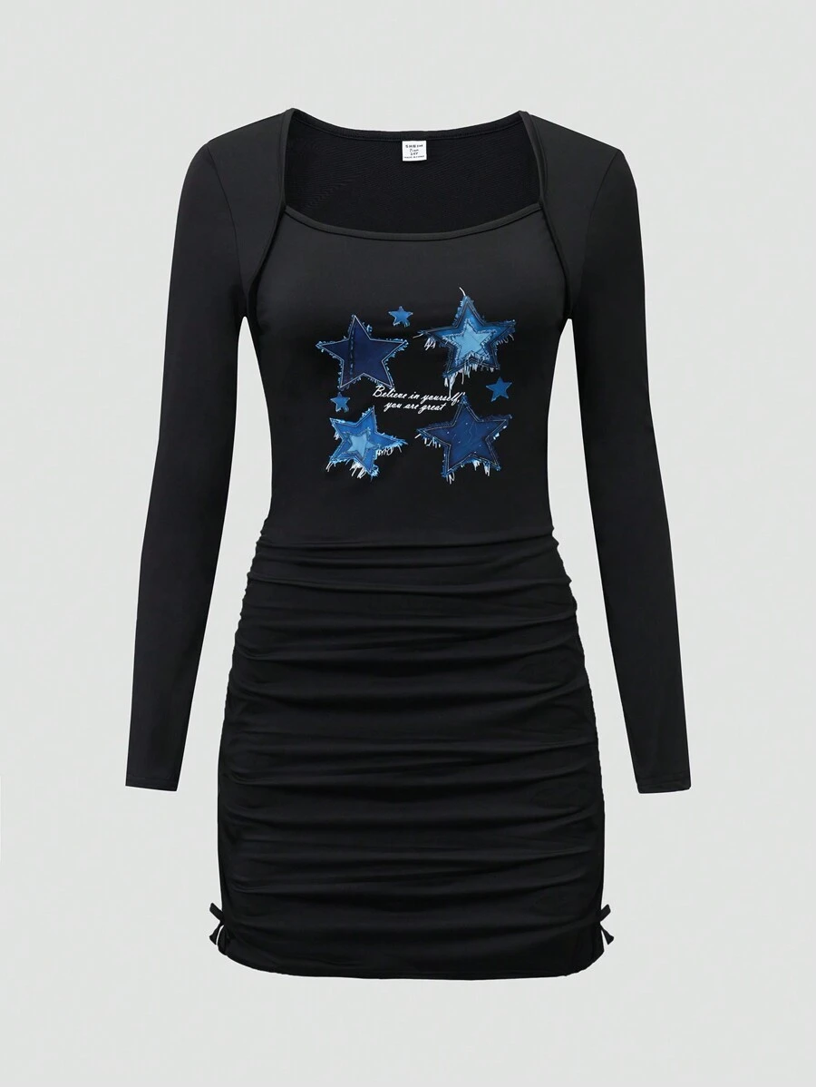 SHEIN Teen Girls' Casual Street Fashion Star Print Pleated Denim Effect Dress - Black - View 1