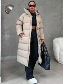 EURMUSE Zip Up Hooded Long Puffer Coat - Beige - View 9