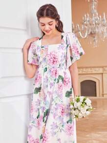 SHEIN Teen Girl's Woven Square Neck Floral Printed Dress