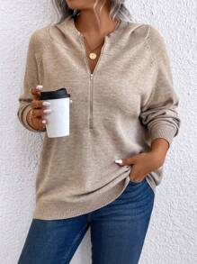 Áo len dài tay trơn dáng rộng, khóa kéo phía trước, kiểu dáng đơn giản, thích hợp mặc mùa đông hoặc thu. - Cà phê nâu - Xem 6