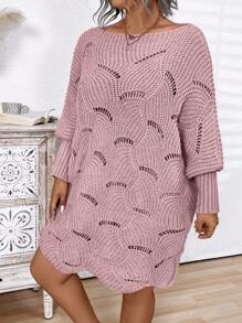 Plus Size Women's Solid Color Simple Daily Hollow-Out Long Sleeve Sweater