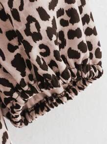 INAWLY 女式夏季豹纹前系带宽松泡泡袖衬衫