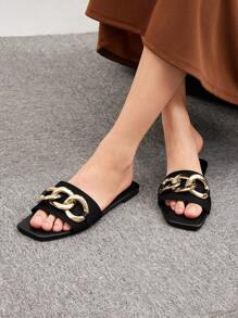 CUCCOO BIZCHIC 女士鞋黑色方头户外链条装饰拖鞋凉鞋夏季度假鞋夏季促销返校鞋大学生鞋优雅基础款商务休闲商务时尚万圣节圣诞节秋季 - 黑色 - 查看 5