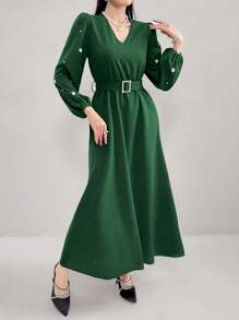 Modelyn Váy thường ngày viền ngọc trai giả dài tay cổ chữ V dành cho nữ - màu xanh lá - Xem 5