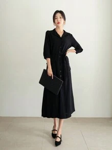 DAZY 女式纯色前扣开衩长款优雅黑色衬衫裙，秋季服装 - 黑色 - 查看 8