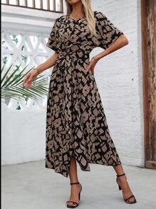 Chiquease Women Print Crew Neck Short Sleeve Twist Front Mini Dress - Black - View 1