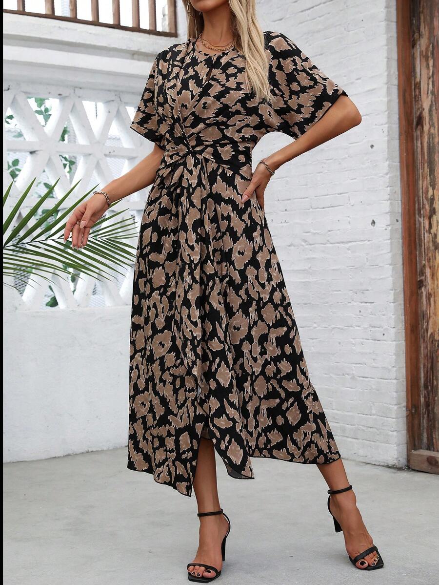 Chiquease Women Print Crew Neck Short Sleeve Twist Front Mini Dress - Black - View 1