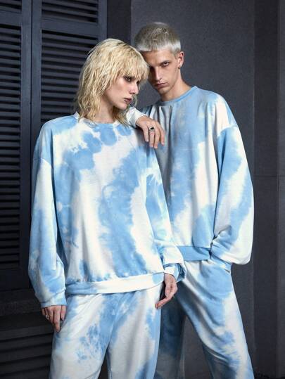 Manfinity VCAY Men's Unisex Y2K Wasteland Style Dune Style Doomsday Style Decadent Washed Blue And White Tie-Dyed Knitted Round Neck Long Sleeves Loose Drop Shoulder Young Casual Pullover Sweater Suitable For Daily Summer, For Fall Winter