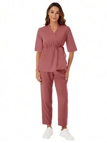 醫護專業人員用腰部束腰短袖上衣和褲子制服套裝，2件套裝 - 珊瑚粉 - 查看 6