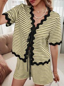 SHEIN LUNE 女式提花条纹纹理面料拼色波浪图案 2 件套服装