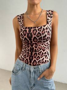 SHEIN EZwear Bộ đồ liền thân không tay họa tiết da báo dành cho nữ - màu nâu - Xem 1
