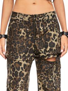ROMWE Grunge Punk Denim flare de perna larga com cintura ultrabaixa destacável, estampa de leopardo, estilo Y2K punk Harajuku, para escola - Castanho - Visão 4