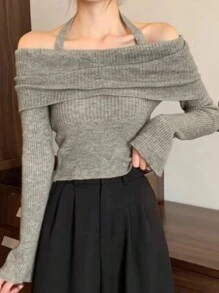 SHEIN EZwear Women's Solid Color Cold Shoulder Pullover Sweater, Spring & Autumn