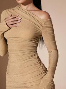 SHEIN BAE Women's Autumn/Winter Yellow Solid Color Long Sleeve Knit Off-Shoulder Ruched Bodycon Mini Dress - Yellow - View 7