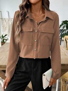 SHEIN LUNE Áo sơ mi dài tay có túi màu trơn phía trước dành cho nữ - màu nâu - Xem 5
